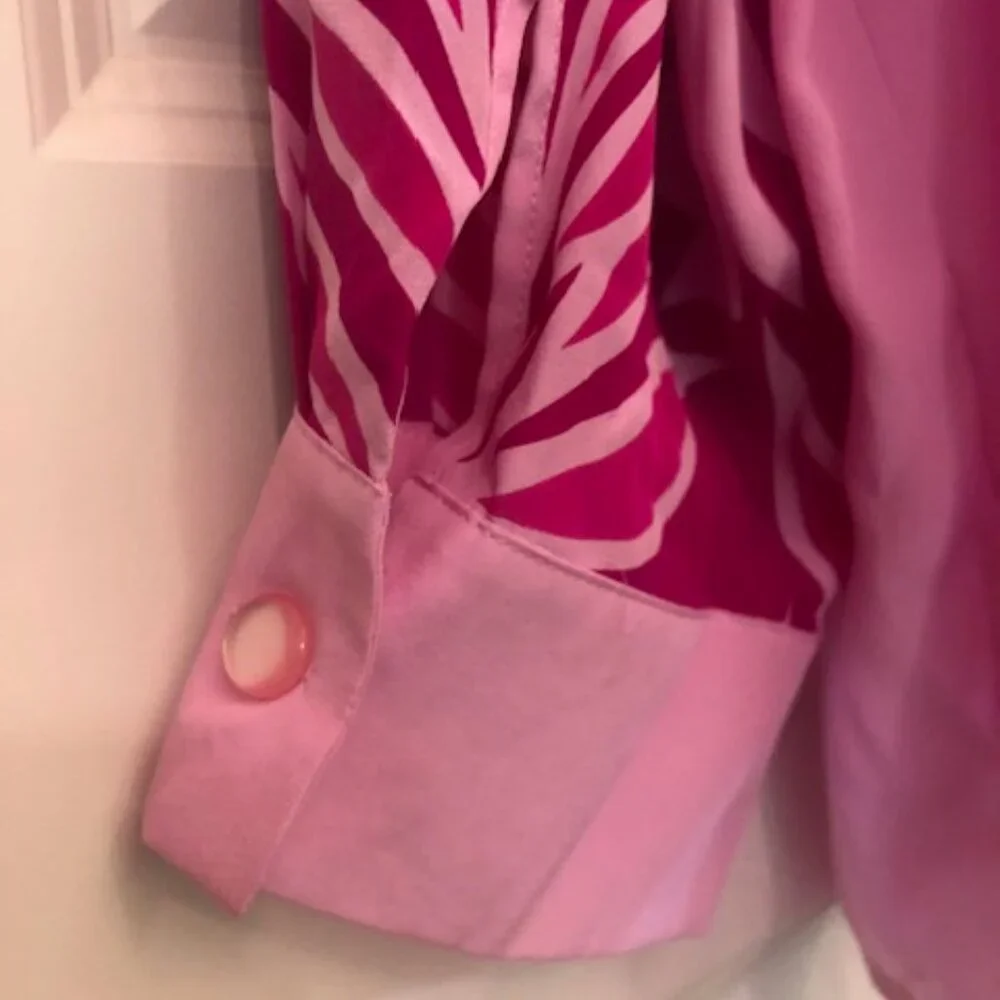 NWT Vintage Bob Mackie 100% Silk Wearable Art Pink Palms Blouse Shirt Size XL - Picture 4 of 12